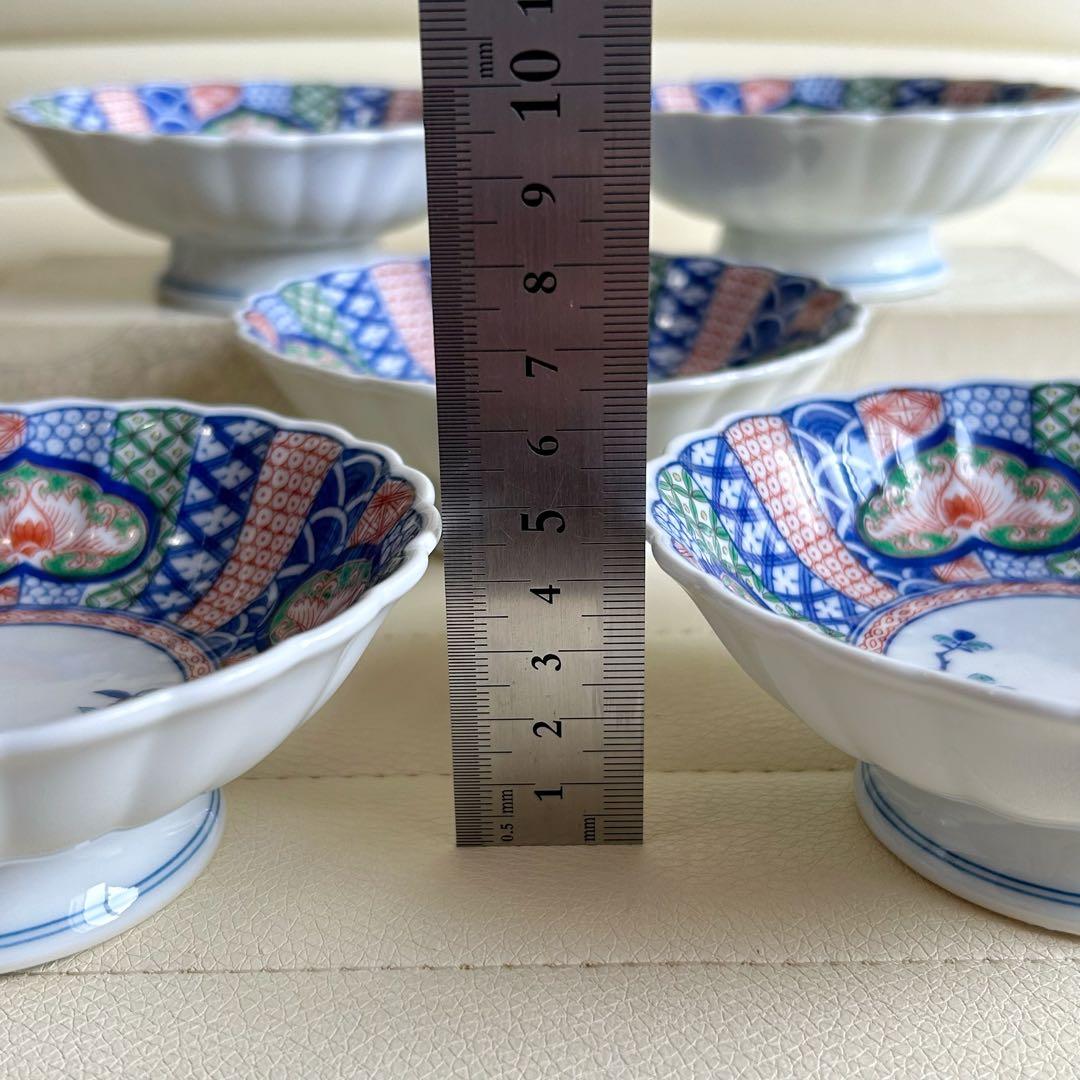有田焼　賞美堂　其泉窯　古伊万里　高台小鉢揃　5枚セット　色絵　コンポート　菊割