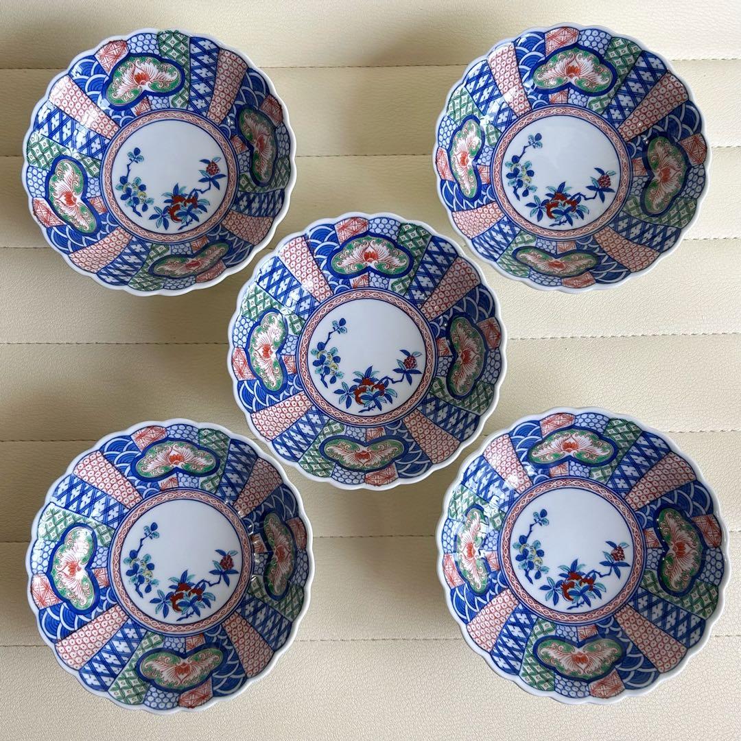 有田焼　賞美堂　其泉窯　古伊万里　高台小鉢揃　5枚セット　色絵　コンポート　菊割