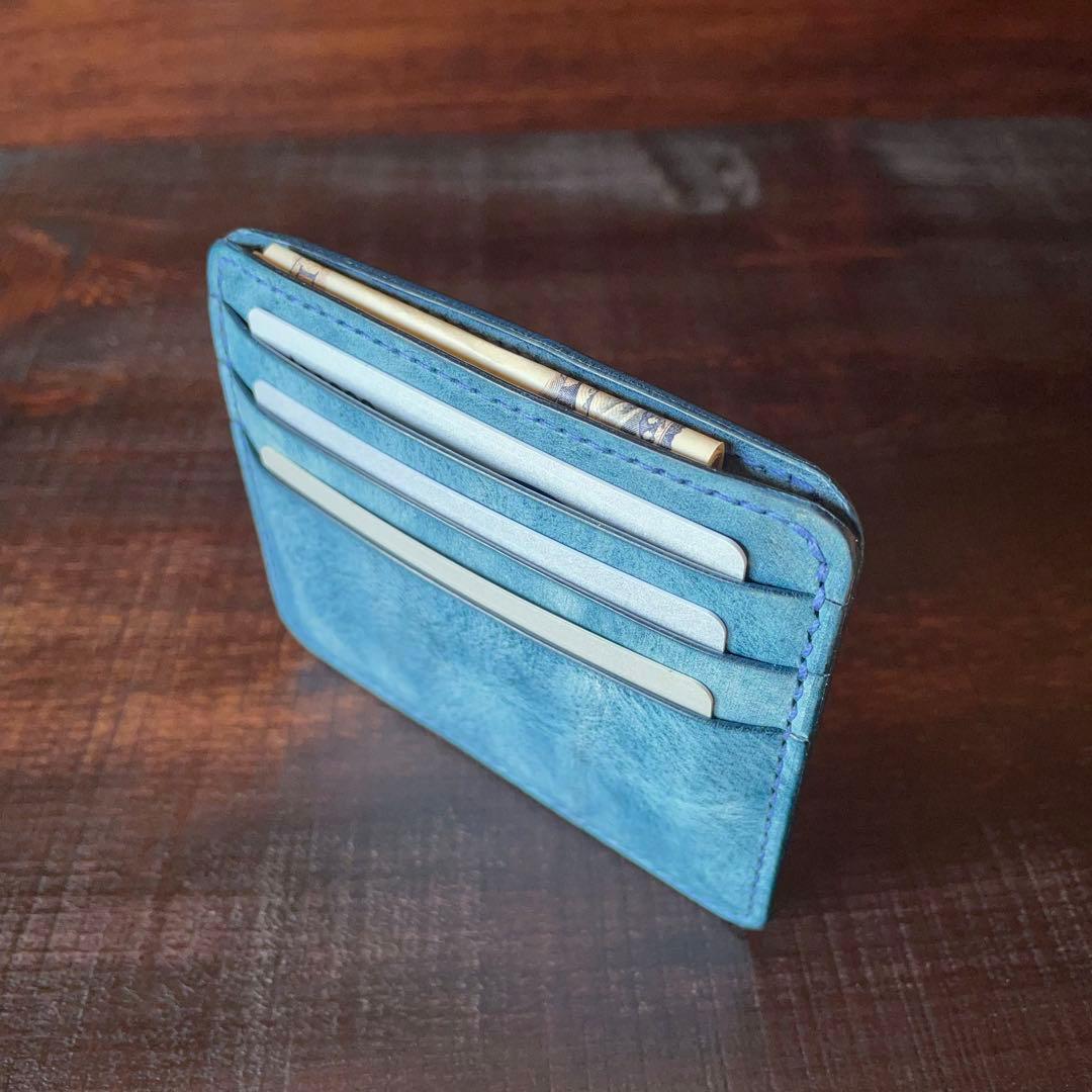 《小銭 ＆ カード》ミニマルレザーウォレット（ターコイズ）コンパクト財布