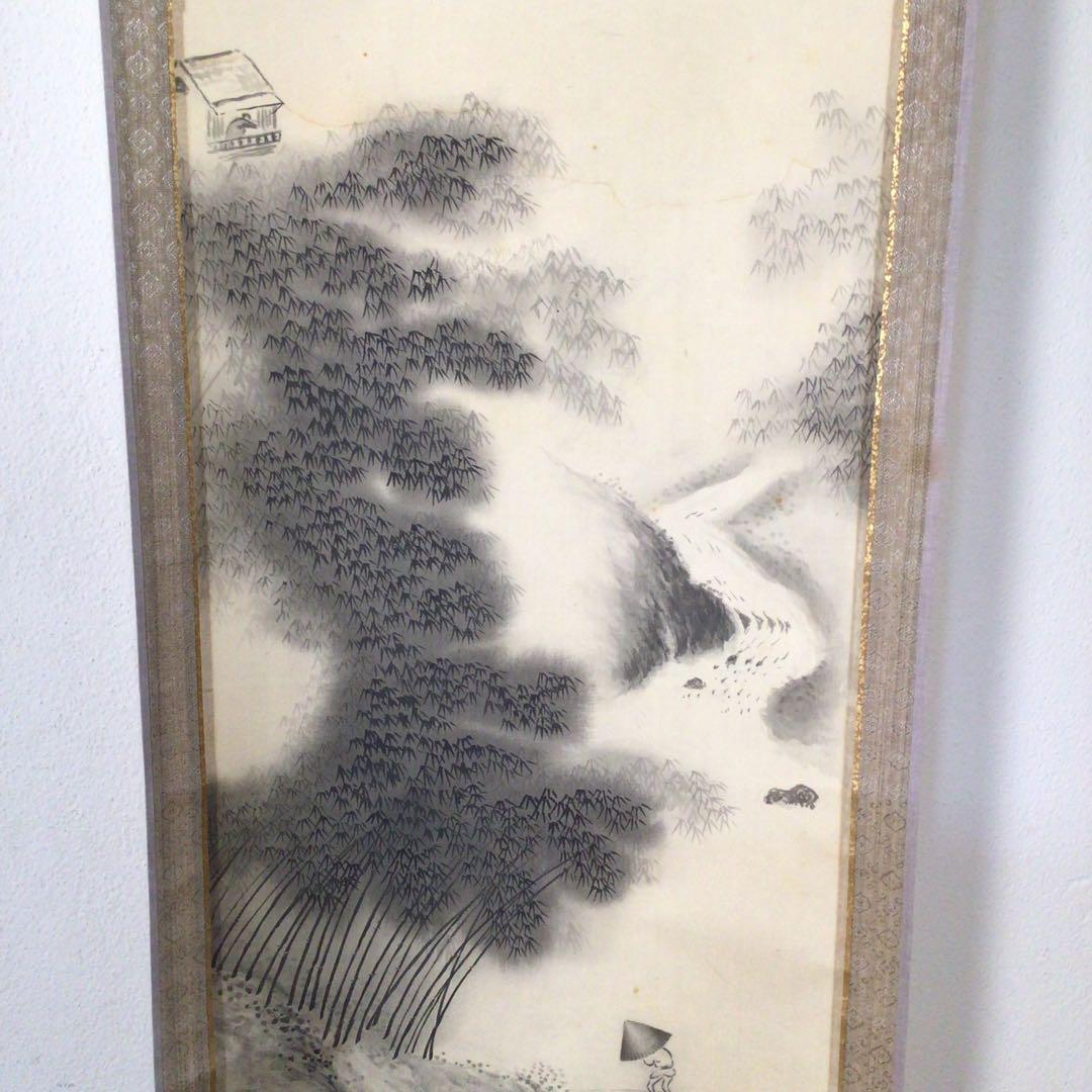 No3742  掛軸　中川黄山　山水画賛　肉筆絹本　合箱　中国画　古画　送料無料