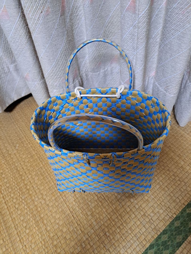 PPバンドかご(3用途仕様はけご　特大)、収穫かご　プラカゴ　模様b-オ-青