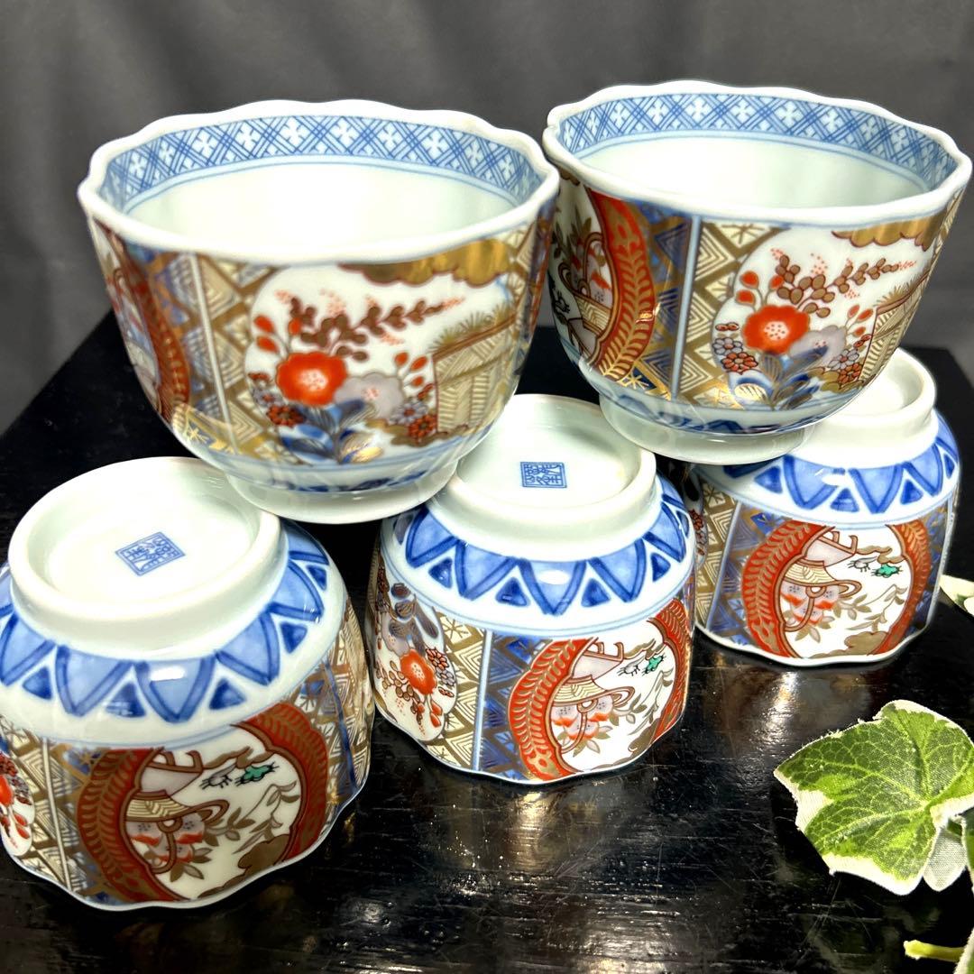 有田焼　龍峯窯　古伊万里　染付色絵金襴手　赤絵窓絵草花　小鉢　輪花鉢　蕎麦猪口