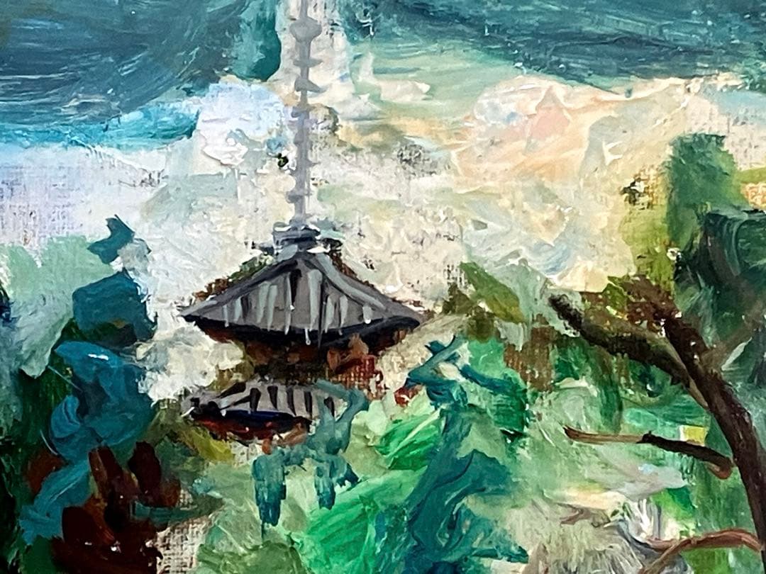 桝井良論「奈良風景」 8号 油彩 油絵 絵画 風景画 日本家屋 木製額縁　厚塗り