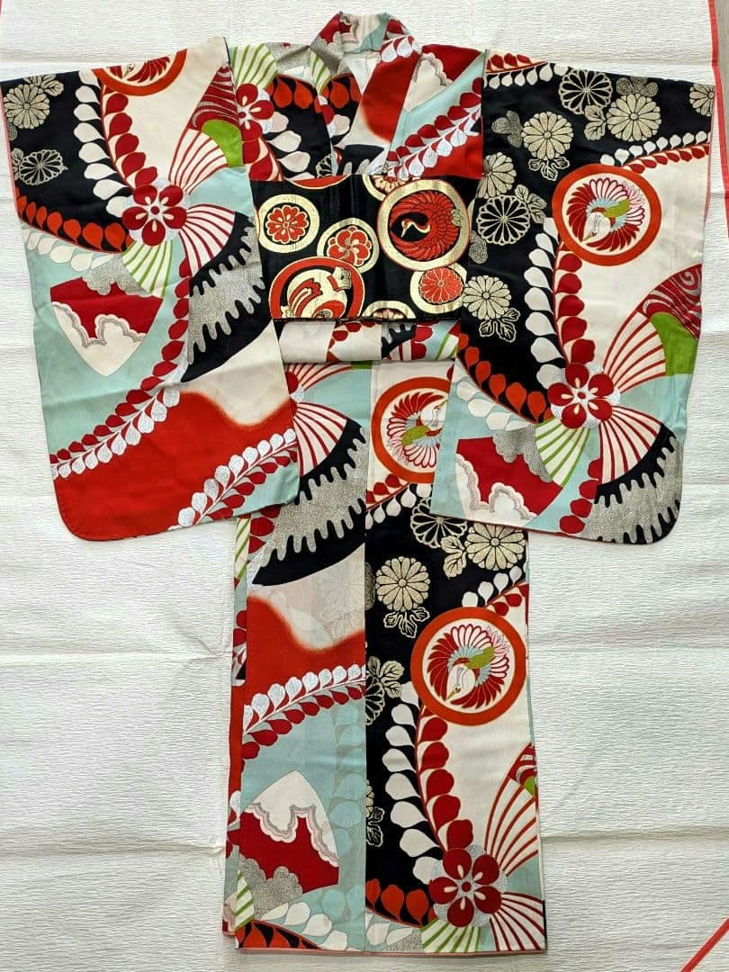 7歳　レトロ藤扇　七五三　お着物・帯セット　アンティーク