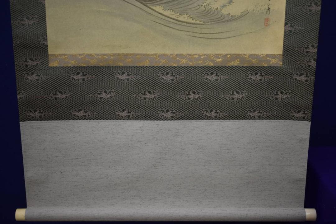 真作/岡本豊彦/旭日山水梅花双鶴図/布袋屋掛軸HI-459