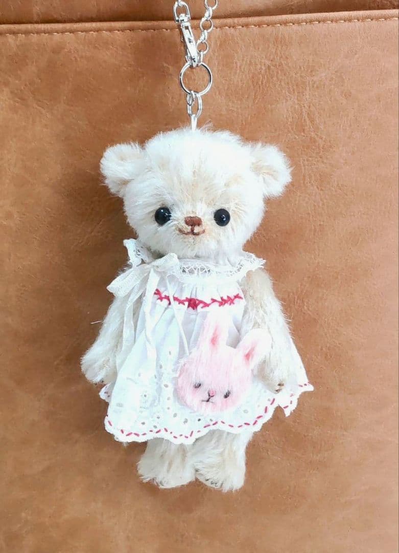 ハンドメイド テディベア バッグチャーム ストレートモヘア バター色