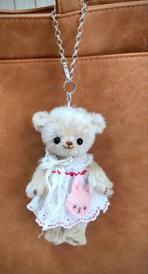 ハンドメイド テディベア バッグチャーム ストレートモヘア バター色
