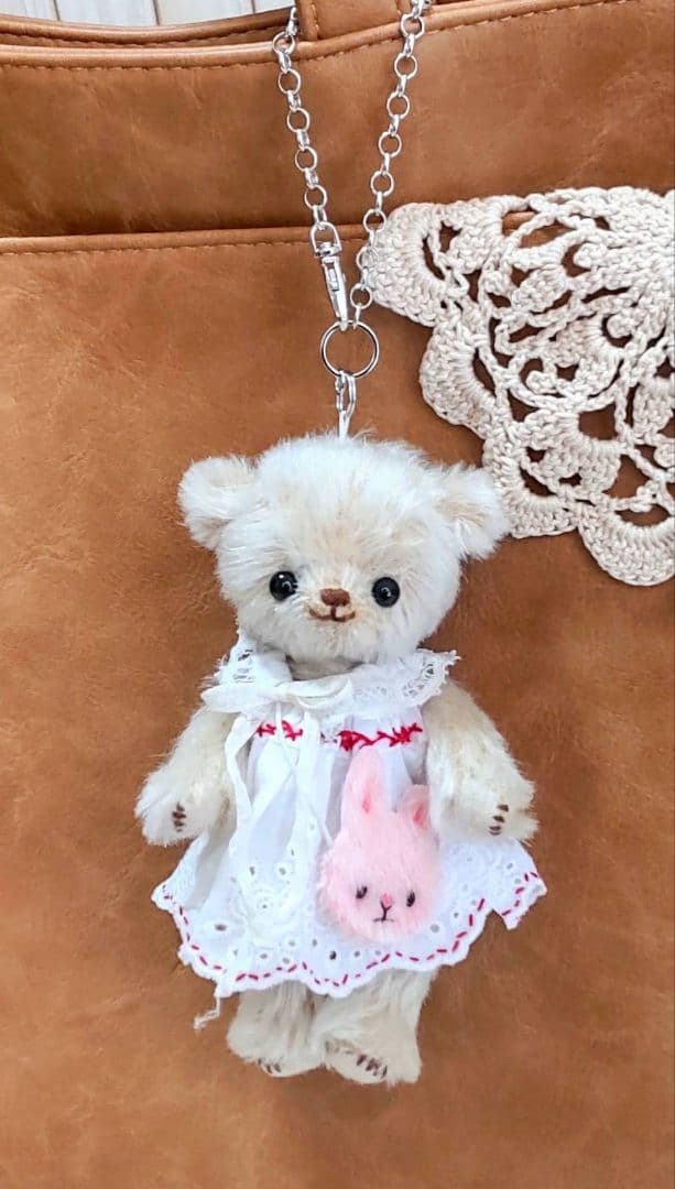 ハンドメイド テディベア バッグチャーム ストレートモヘア バター色