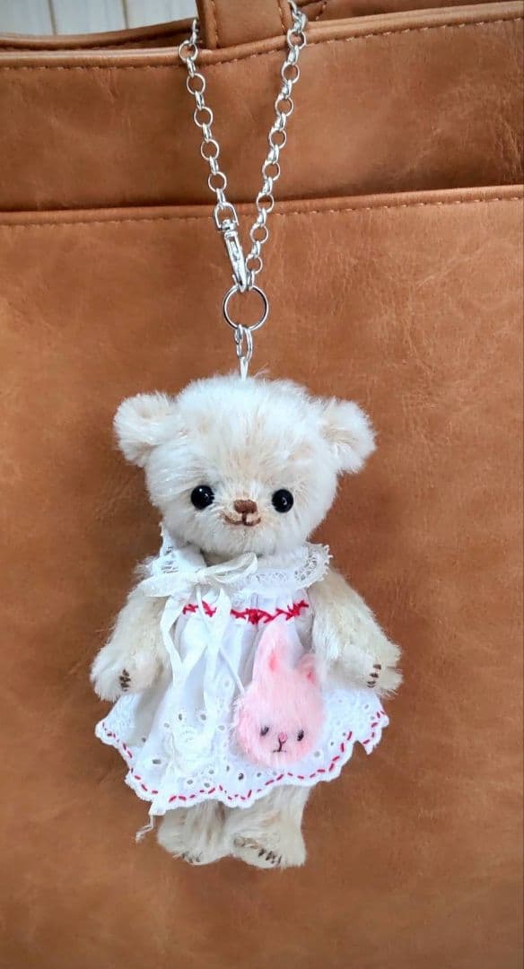 ハンドメイド テディベア バッグチャーム ストレートモヘア バター色