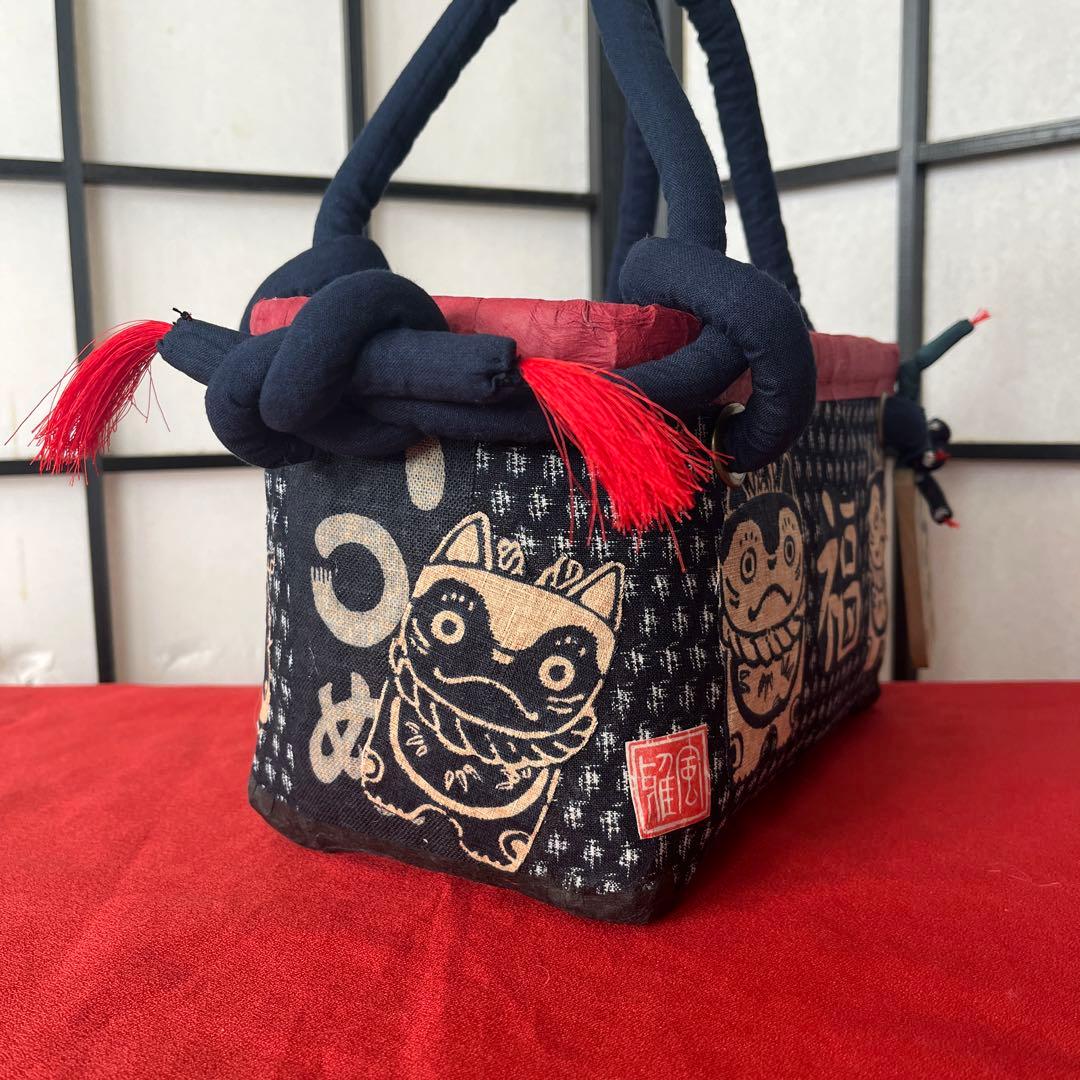 犬張子 狛犬 藍染 一閑張り バッグ かごバッグ ハンドバッグ 和柄 猫？