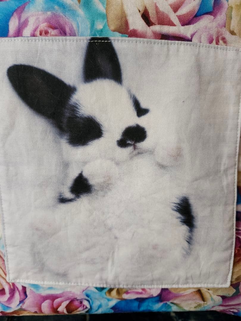 ハンドメイド、薔薇柄ファーパープル、うさぎパネルトートバッグ