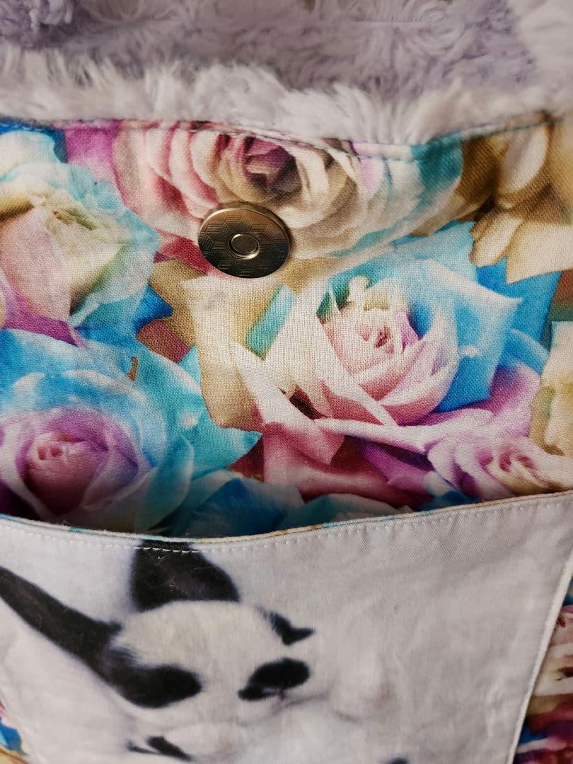 ハンドメイド、薔薇柄ファーパープル、うさぎパネルトートバッグ