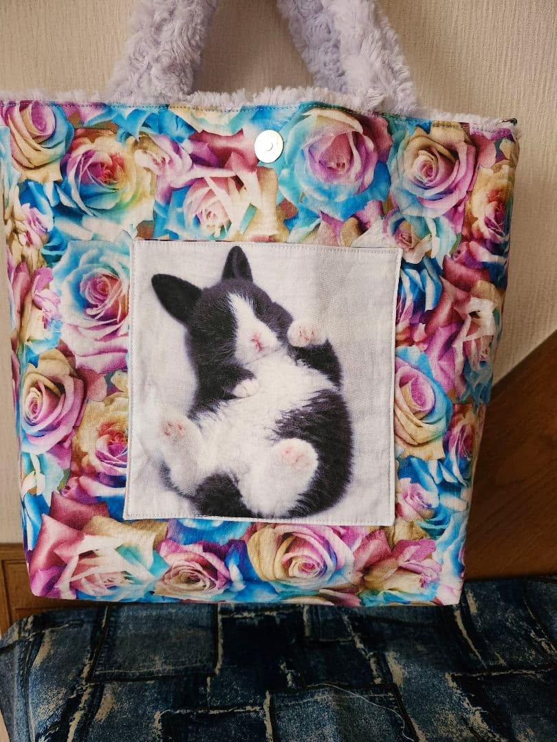 ハンドメイド、薔薇柄ファーパープル、うさぎパネルトートバッグ