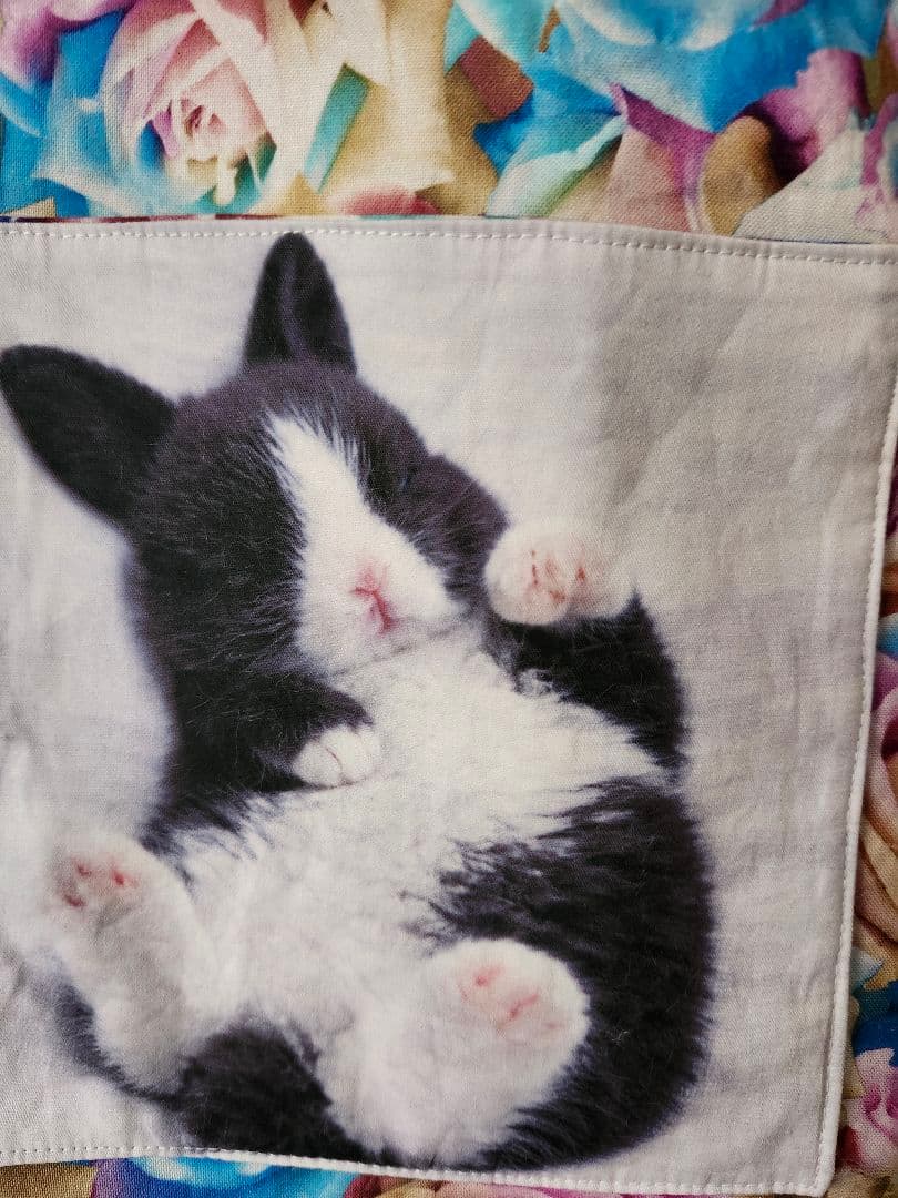 ハンドメイド、薔薇柄ファーパープル、うさぎパネルトートバッグ