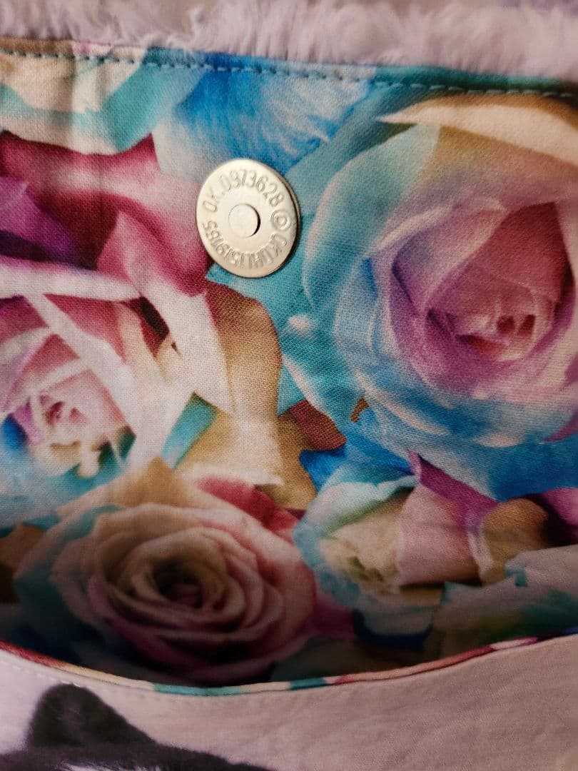 ハンドメイド、薔薇柄ファーパープル、うさぎパネルトートバッグ