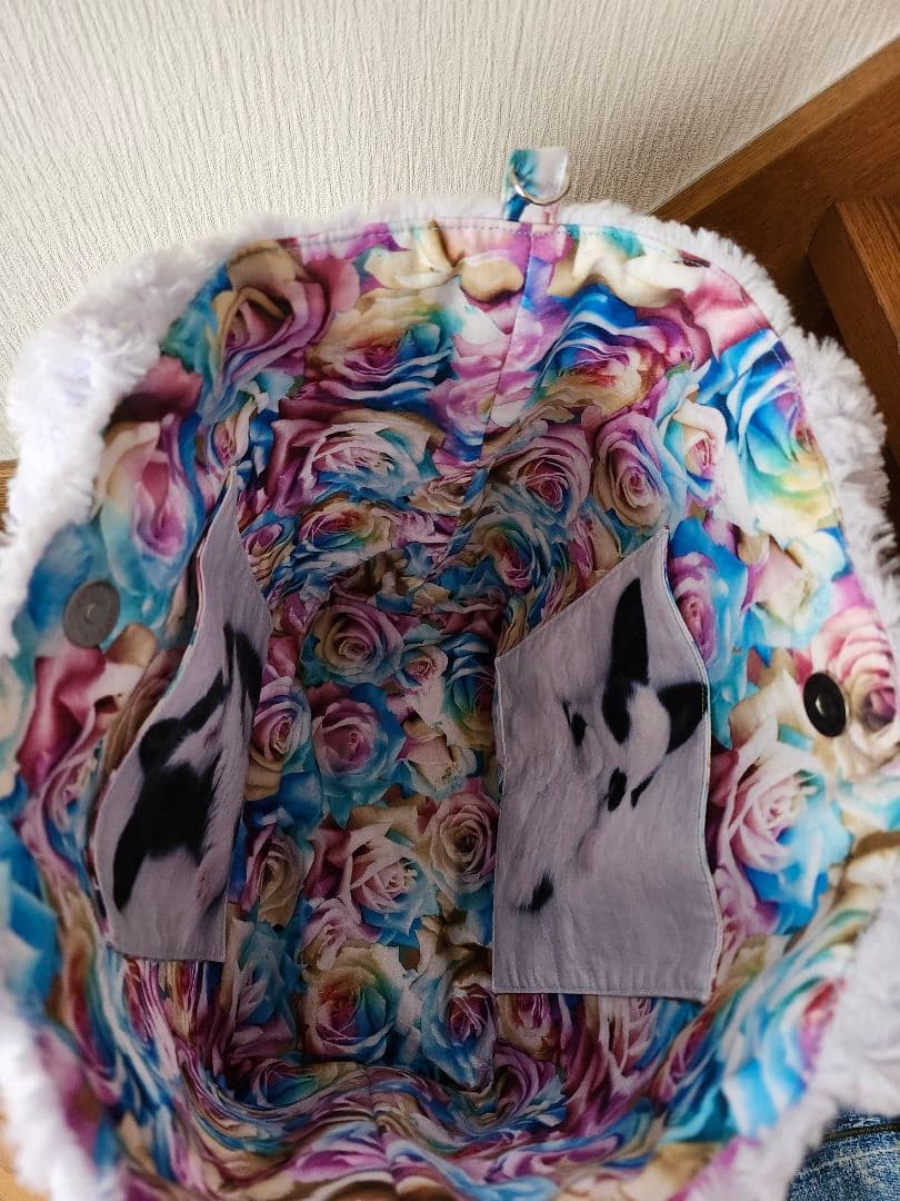 ハンドメイド、薔薇柄ファーパープル、うさぎパネルトートバッグ