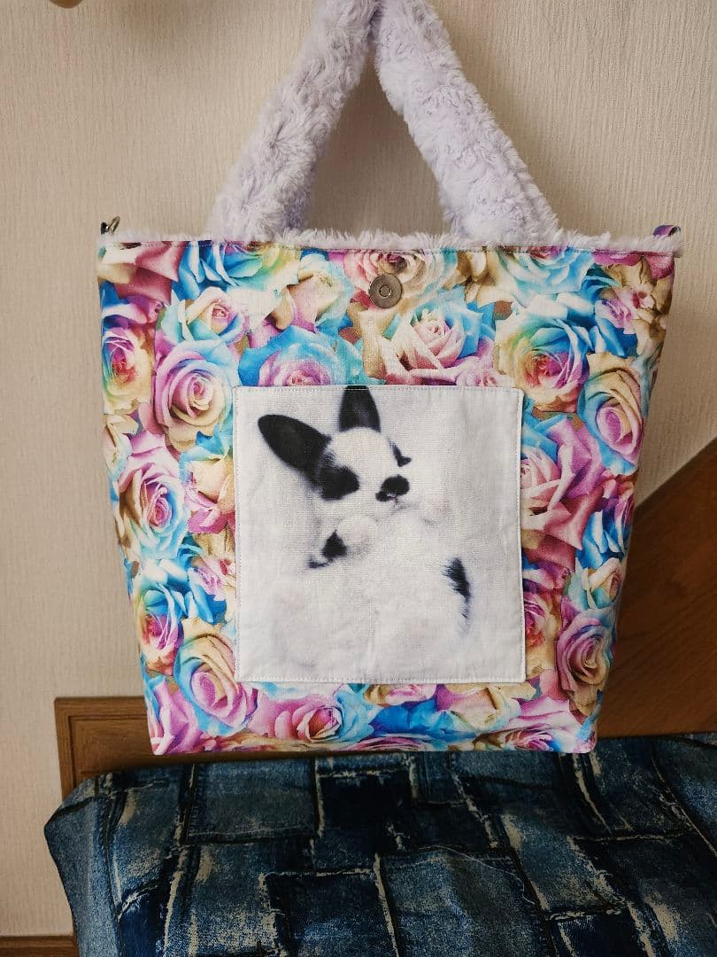 ハンドメイド、薔薇柄ファーパープル、うさぎパネルトートバッグ