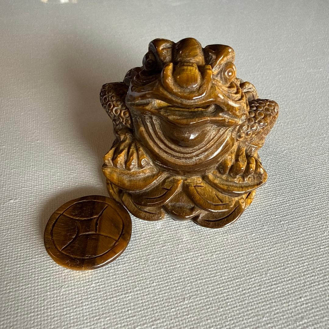 ハイクオリティ タイガーアイ マネーフロッグ（銭蛙）付き 約10cm