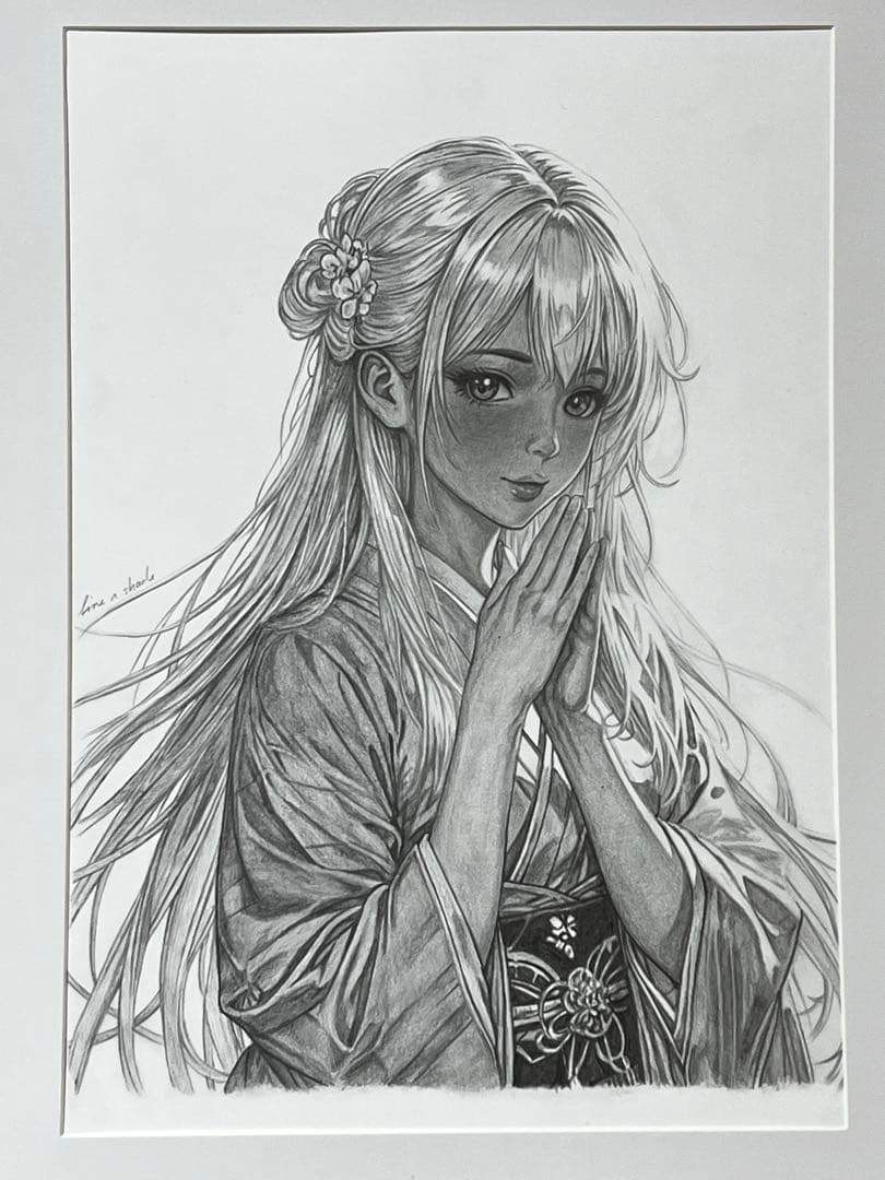 【原画】鉛筆画 桜 美少女イラスト A4 額装済み 手描き 一点物