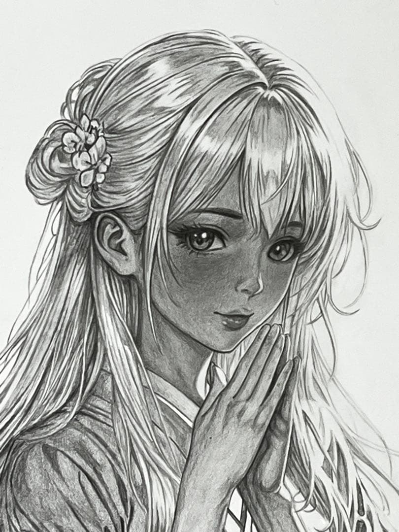 【原画】鉛筆画 桜 美少女イラスト A4 額装済み 手描き 一点物