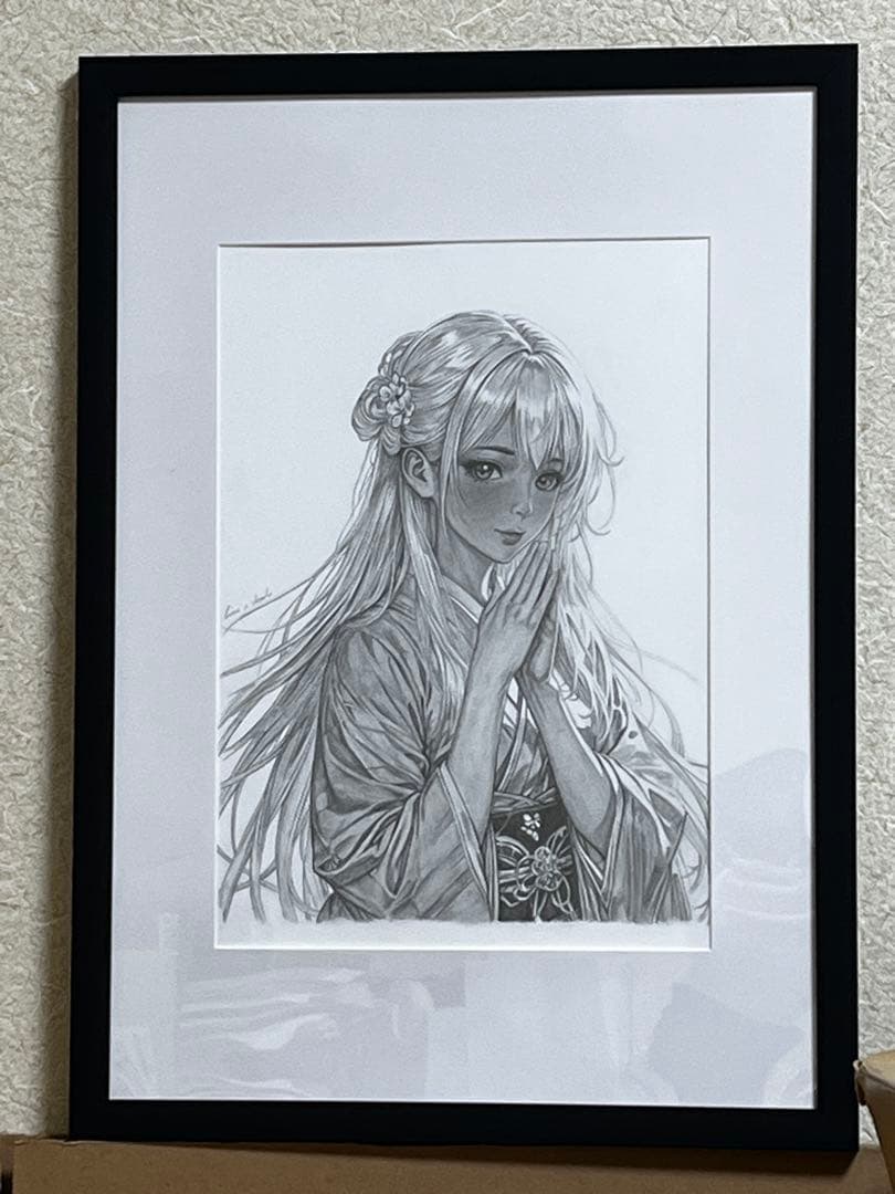 【原画】鉛筆画 桜 美少女イラスト A4 額装済み 手描き 一点物