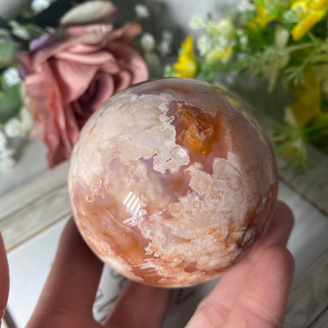 ハイクオリティ フラワーアゲート 桜瑪瑙 カーネリアン共生スファ ①