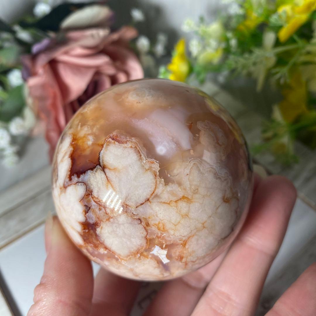 ハイクオリティ フラワーアゲート 桜瑪瑙 カーネリアン共生スファ ①