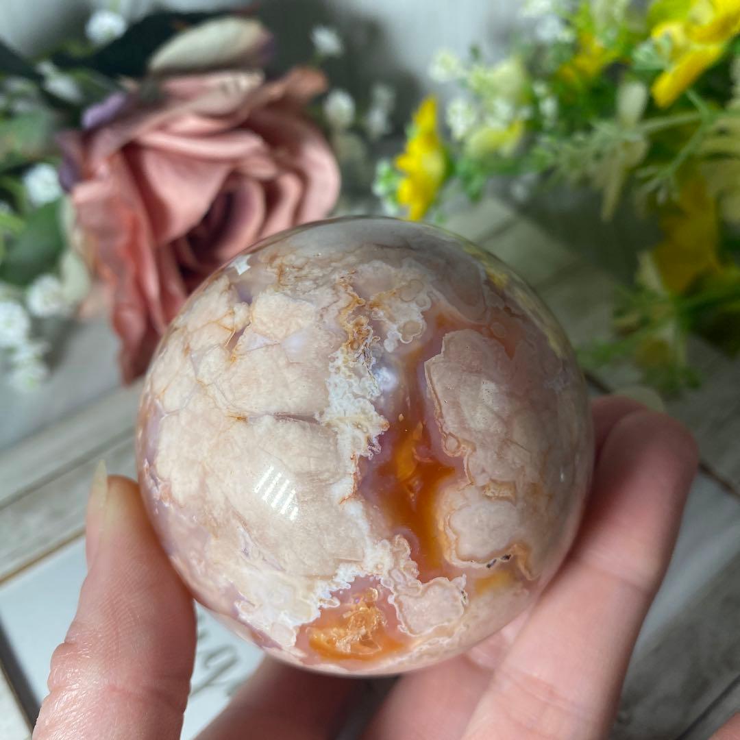 ハイクオリティ フラワーアゲート 桜瑪瑙 カーネリアン共生スファ ①