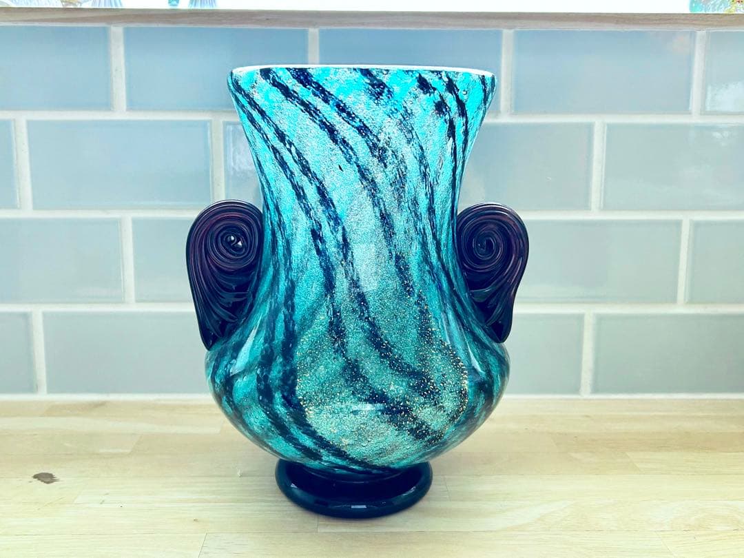 レトロ ガラス 花瓶 チェック柄 フラワーベース ミッドセンチュリー エメラルド