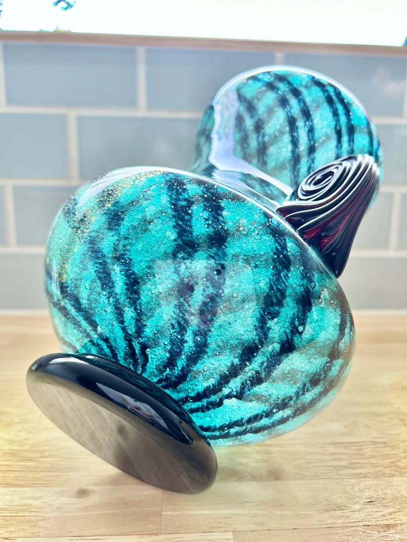 レトロ ガラス 花瓶 チェック柄 フラワーベース ミッドセンチュリー エメラルド