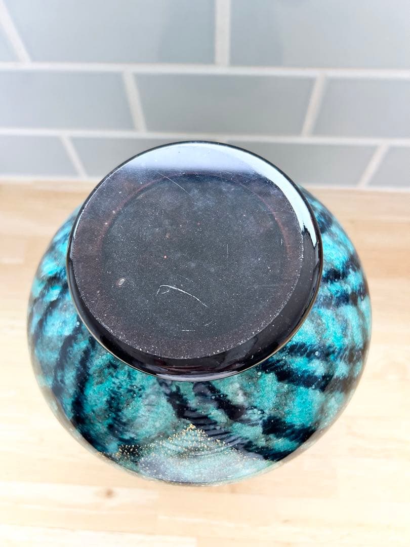 レトロ ガラス 花瓶 チェック柄 フラワーベース ミッドセンチュリー エメラルド