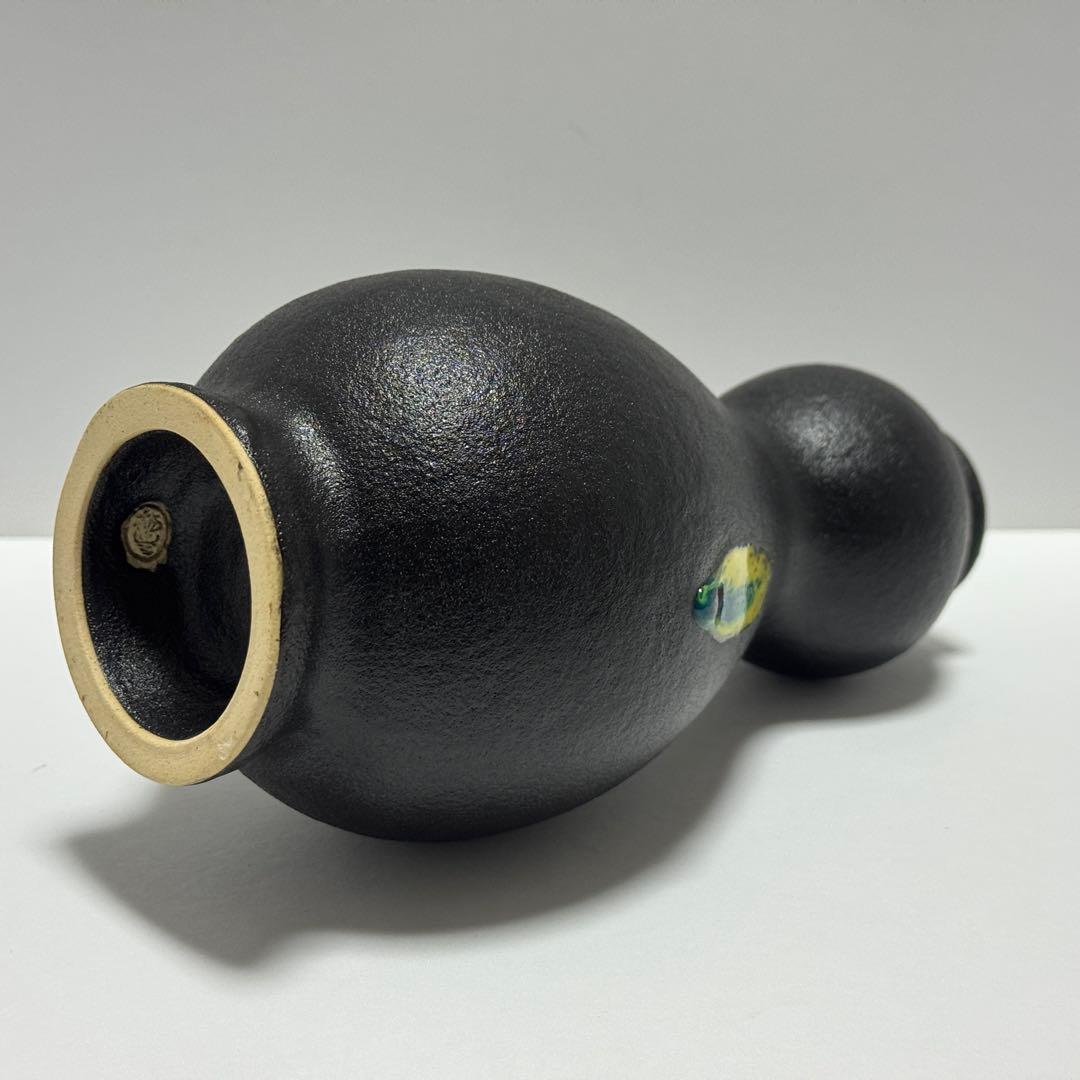 茶道具 二代 寒川栖豊 紀州焼 葵窯 那智黒 三彩 瓢形 花入 共箱 茶道