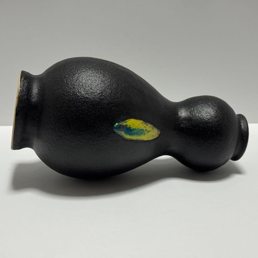 茶道具 二代 寒川栖豊 紀州焼 葵窯 那智黒 三彩 瓢形 花入 共箱 茶道