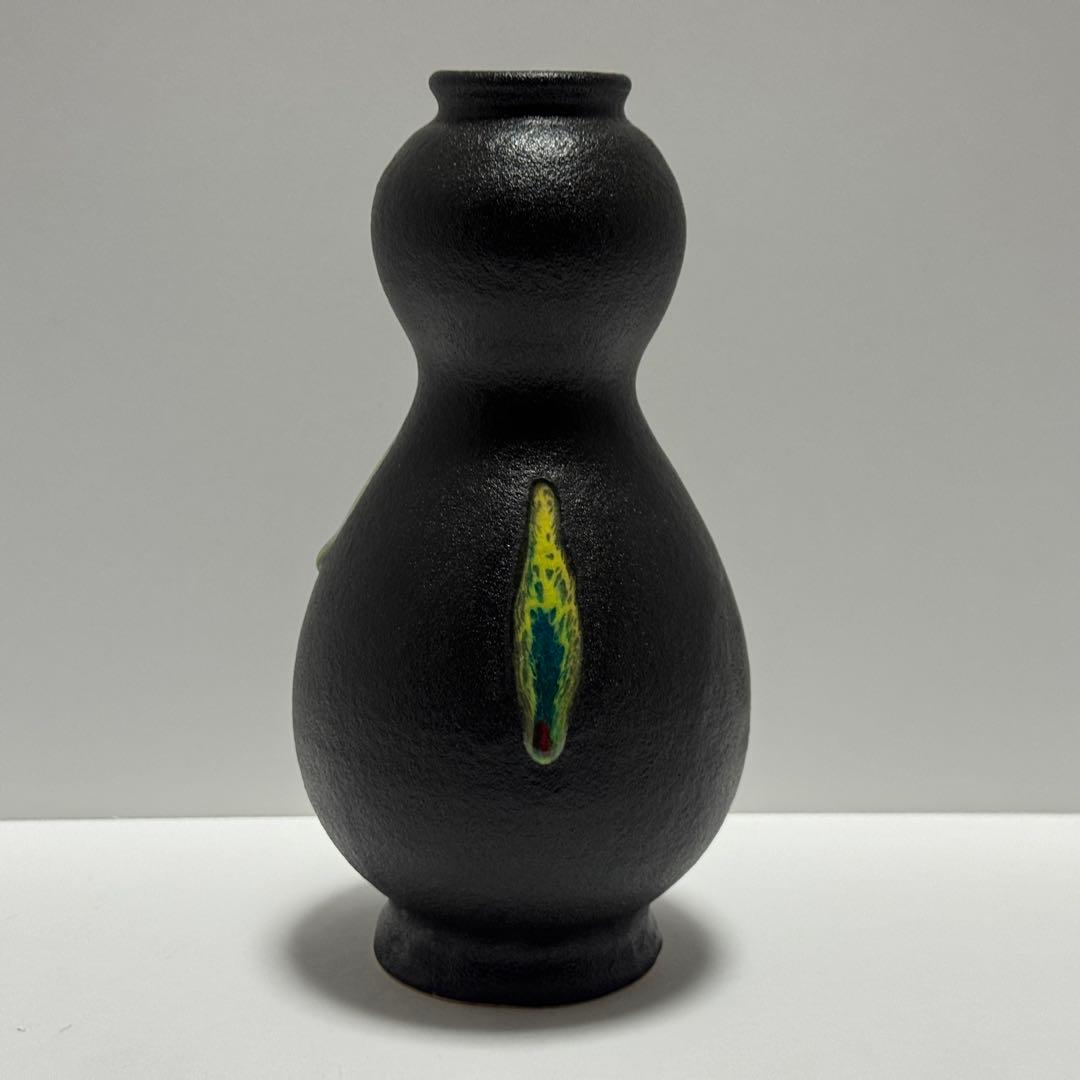 茶道具 二代 寒川栖豊 紀州焼 葵窯 那智黒 三彩 瓢形 花入 共箱 茶道