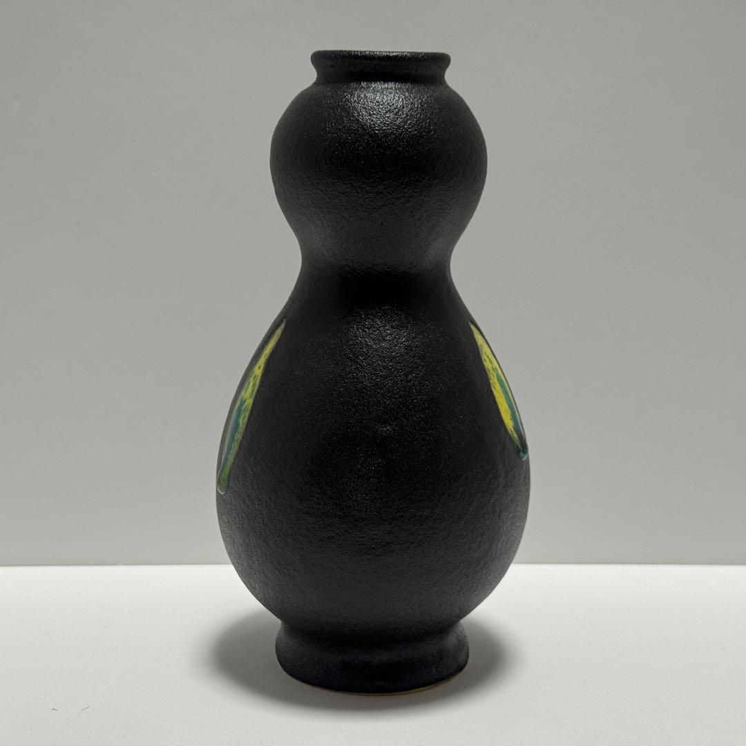 茶道具 二代 寒川栖豊 紀州焼 葵窯 那智黒 三彩 瓢形 花入 共箱 茶道