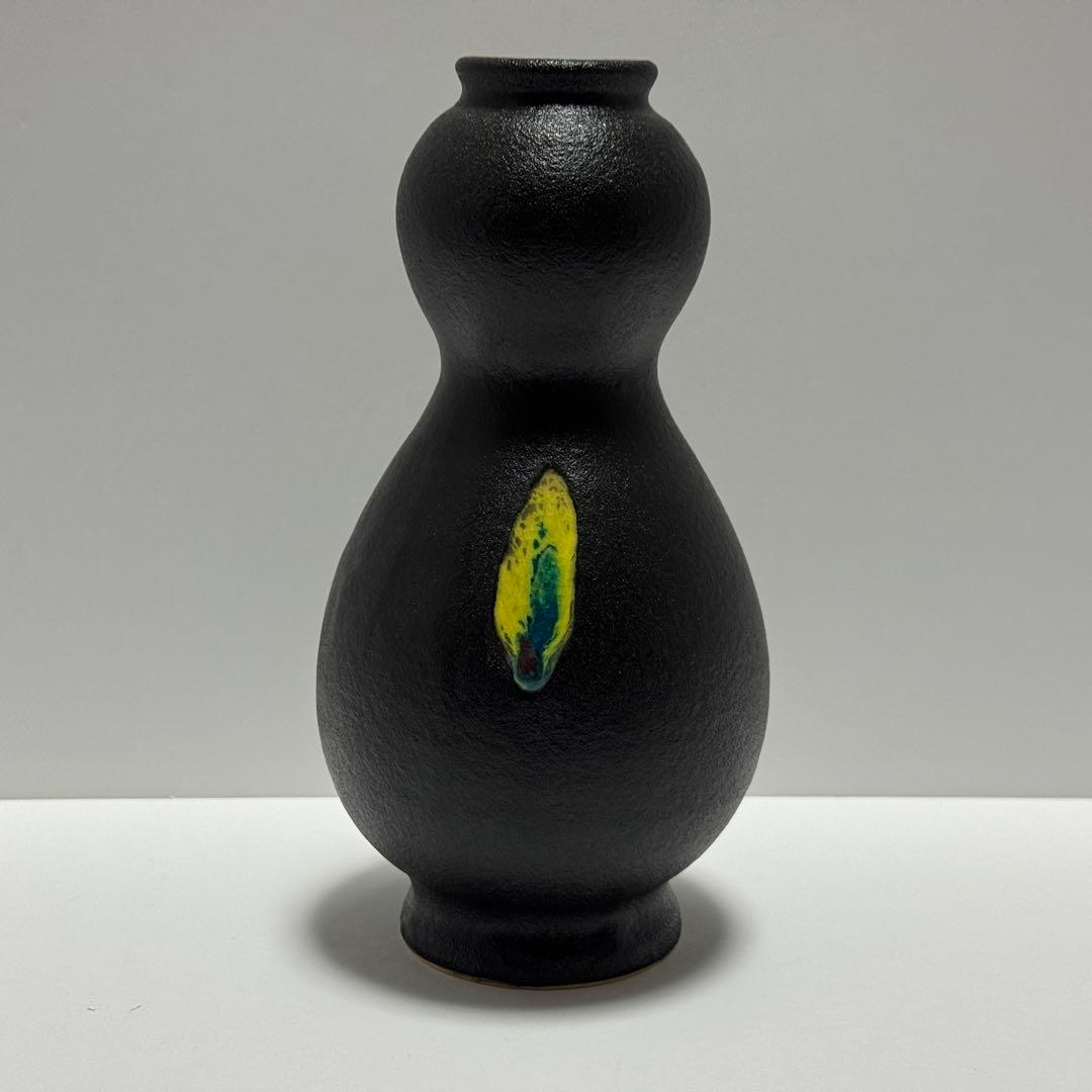 茶道具 二代 寒川栖豊 紀州焼 葵窯 那智黒 三彩 瓢形 花入 共箱 茶道