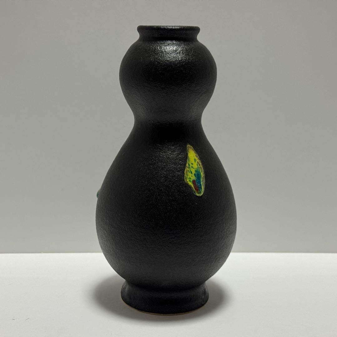 茶道具 二代 寒川栖豊 紀州焼 葵窯 那智黒 三彩 瓢形 花入 共箱 茶道