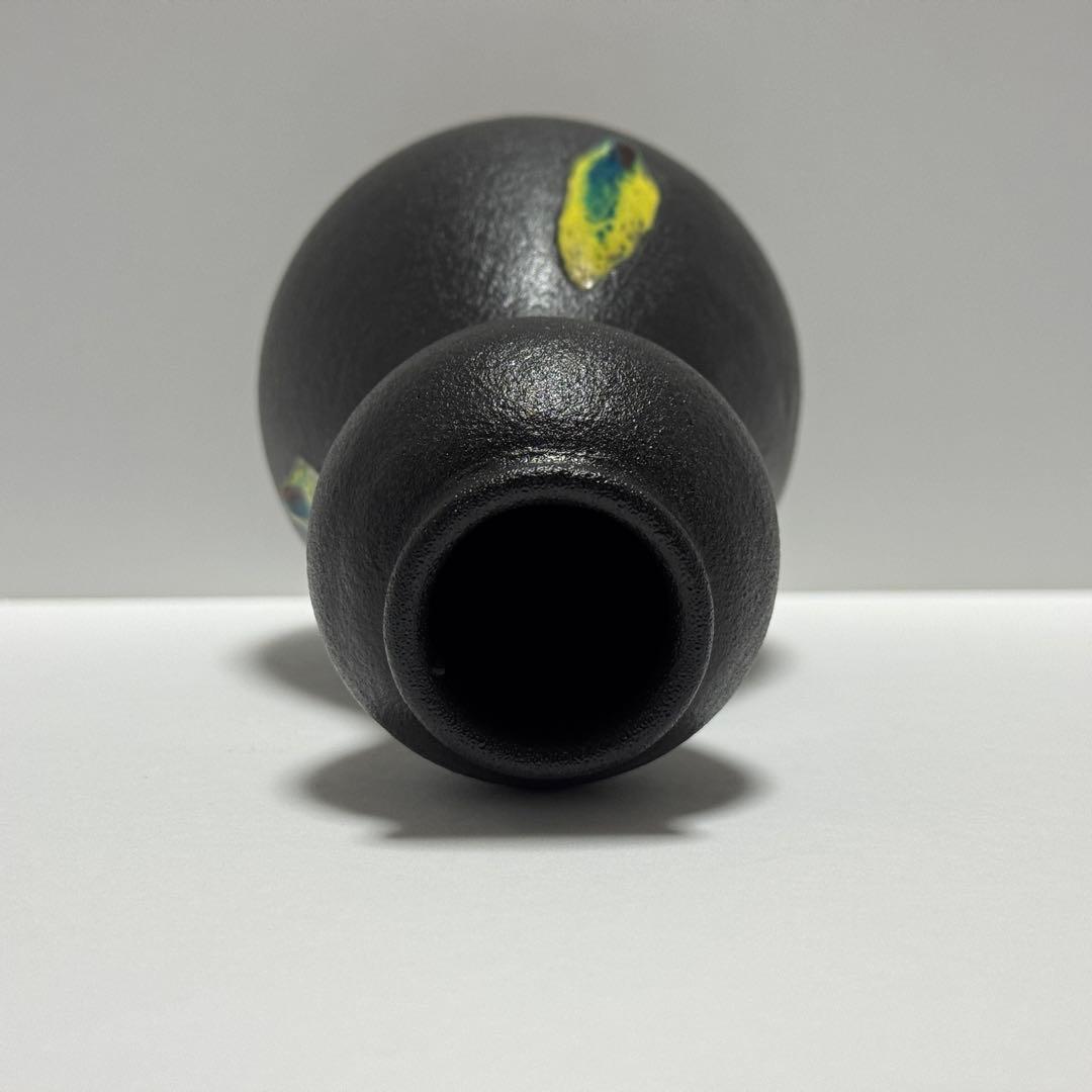 茶道具 二代 寒川栖豊 紀州焼 葵窯 那智黒 三彩 瓢形 花入 共箱 茶道