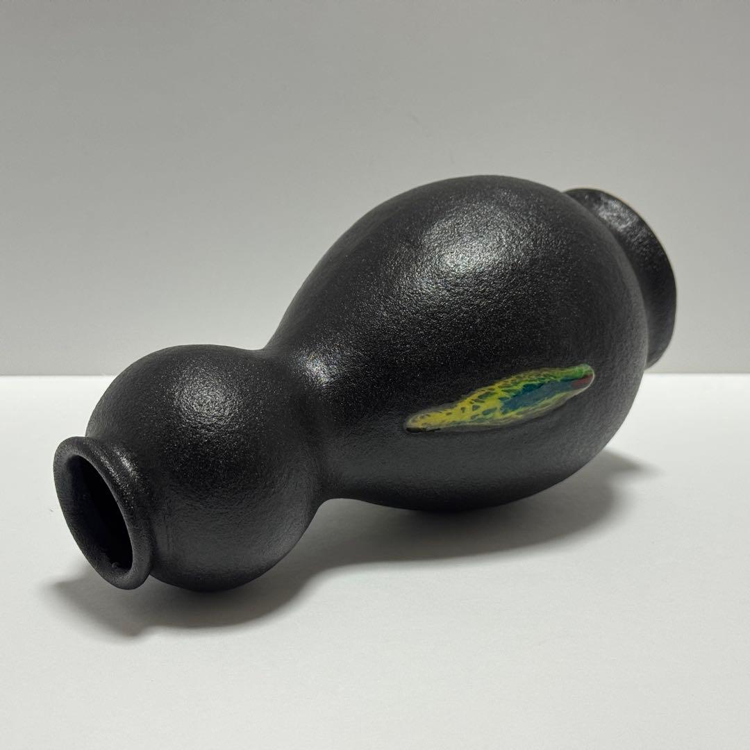 茶道具 二代 寒川栖豊 紀州焼 葵窯 那智黒 三彩 瓢形 花入 共箱 茶道