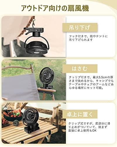 【360度自動首振り・10000mAh 】キャンプ 扇風機 クリップ 卓上 吊A
