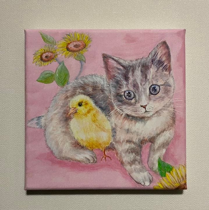 ひよこと猫ちゃん　アクリル画直筆