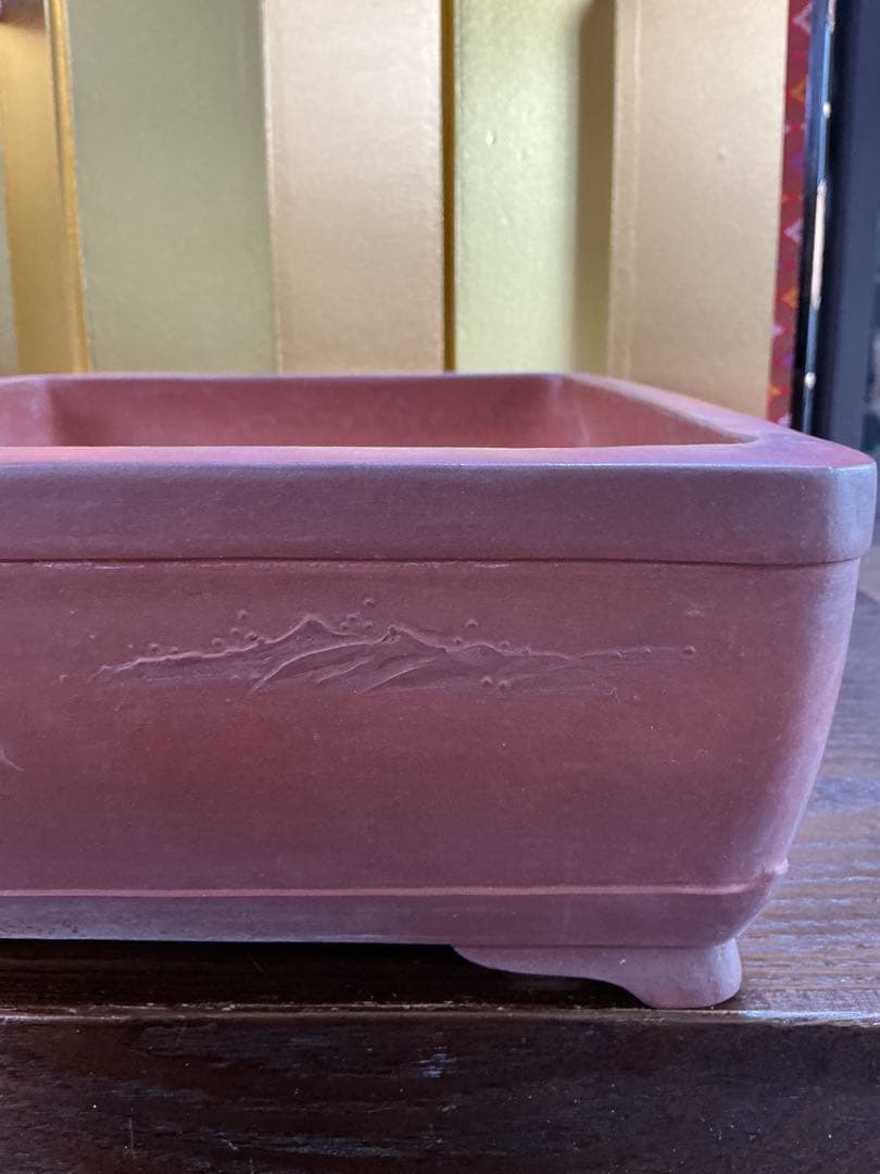 盆栽絵鉢　4面それぞれ違う絵　古鉢　　盆栽鉢　観賞石