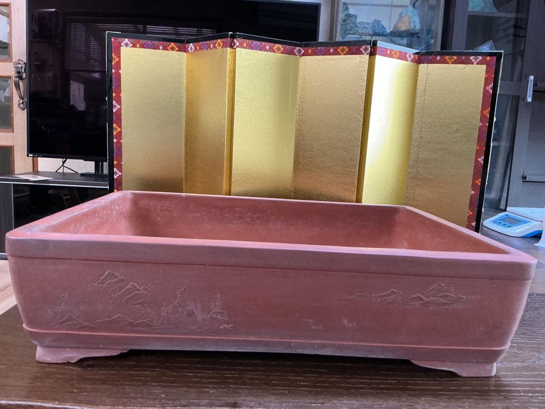 盆栽絵鉢　4面それぞれ違う絵　古鉢　　盆栽鉢　観賞石