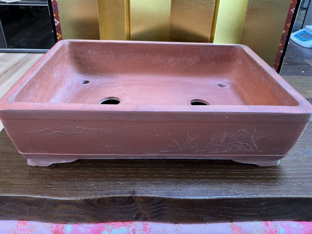 盆栽絵鉢　4面それぞれ違う絵　古鉢　　盆栽鉢　観賞石