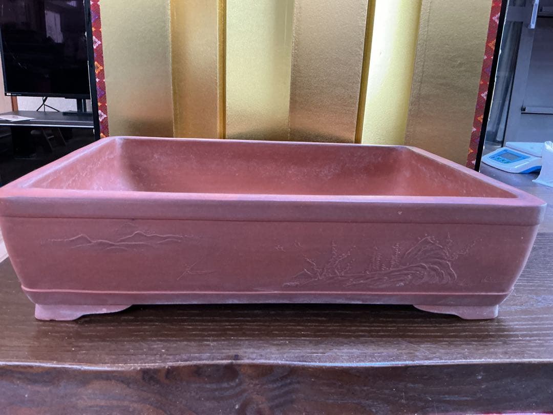 盆栽絵鉢　4面それぞれ違う絵　古鉢　　盆栽鉢　観賞石