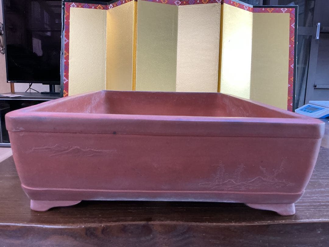 盆栽絵鉢　4面それぞれ違う絵　古鉢　　盆栽鉢　観賞石