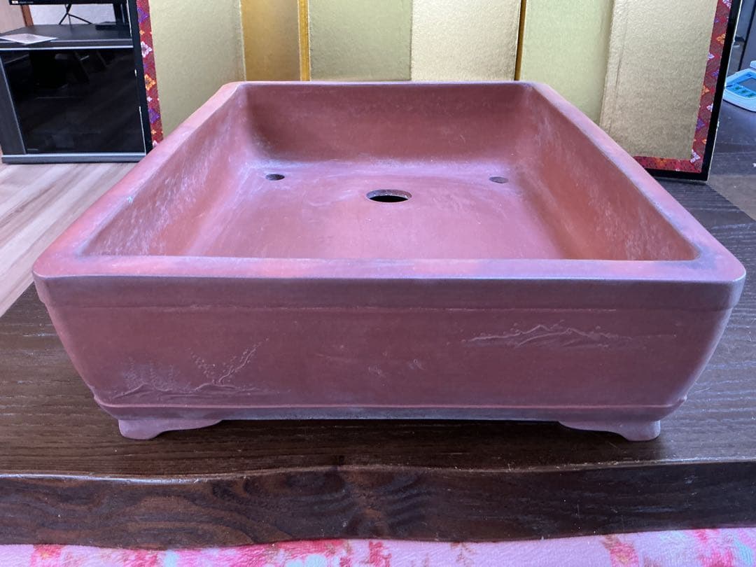 盆栽絵鉢　4面それぞれ違う絵　古鉢　　盆栽鉢　観賞石