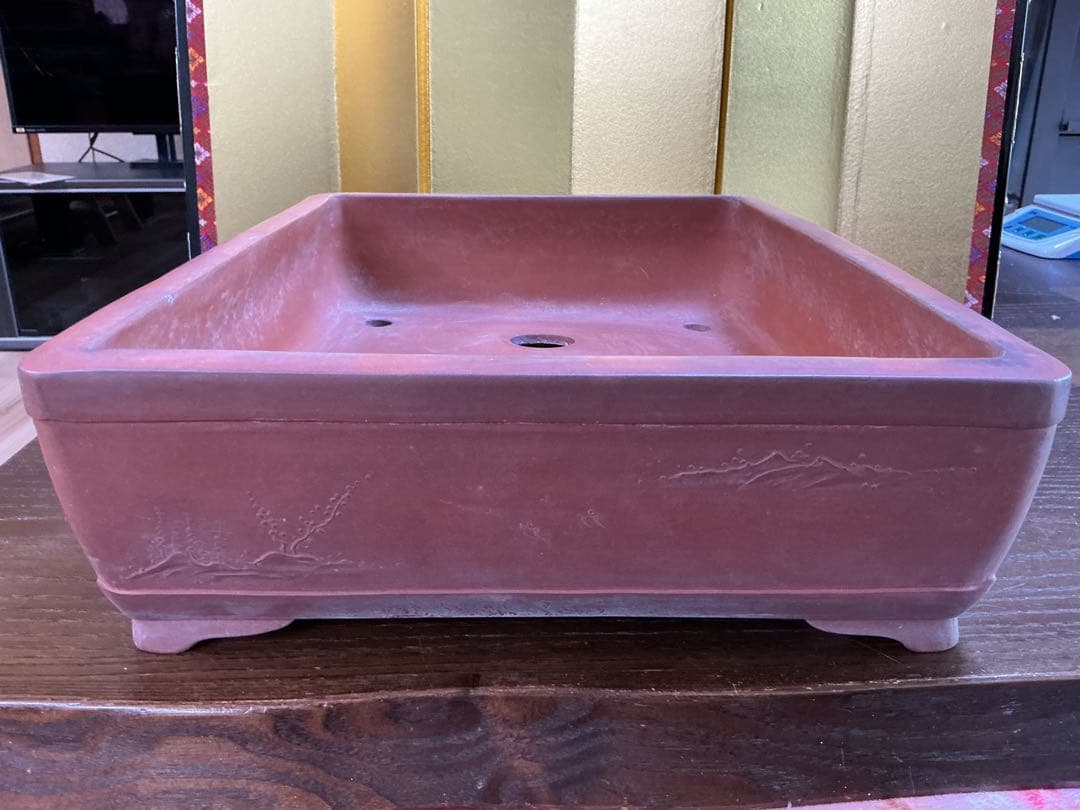 盆栽絵鉢　4面それぞれ違う絵　古鉢　　盆栽鉢　観賞石