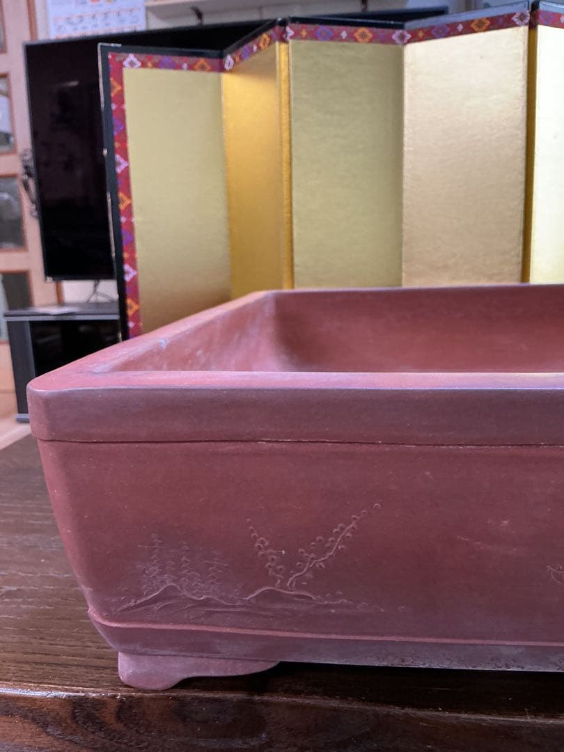 盆栽絵鉢　4面それぞれ違う絵　古鉢　　盆栽鉢　観賞石