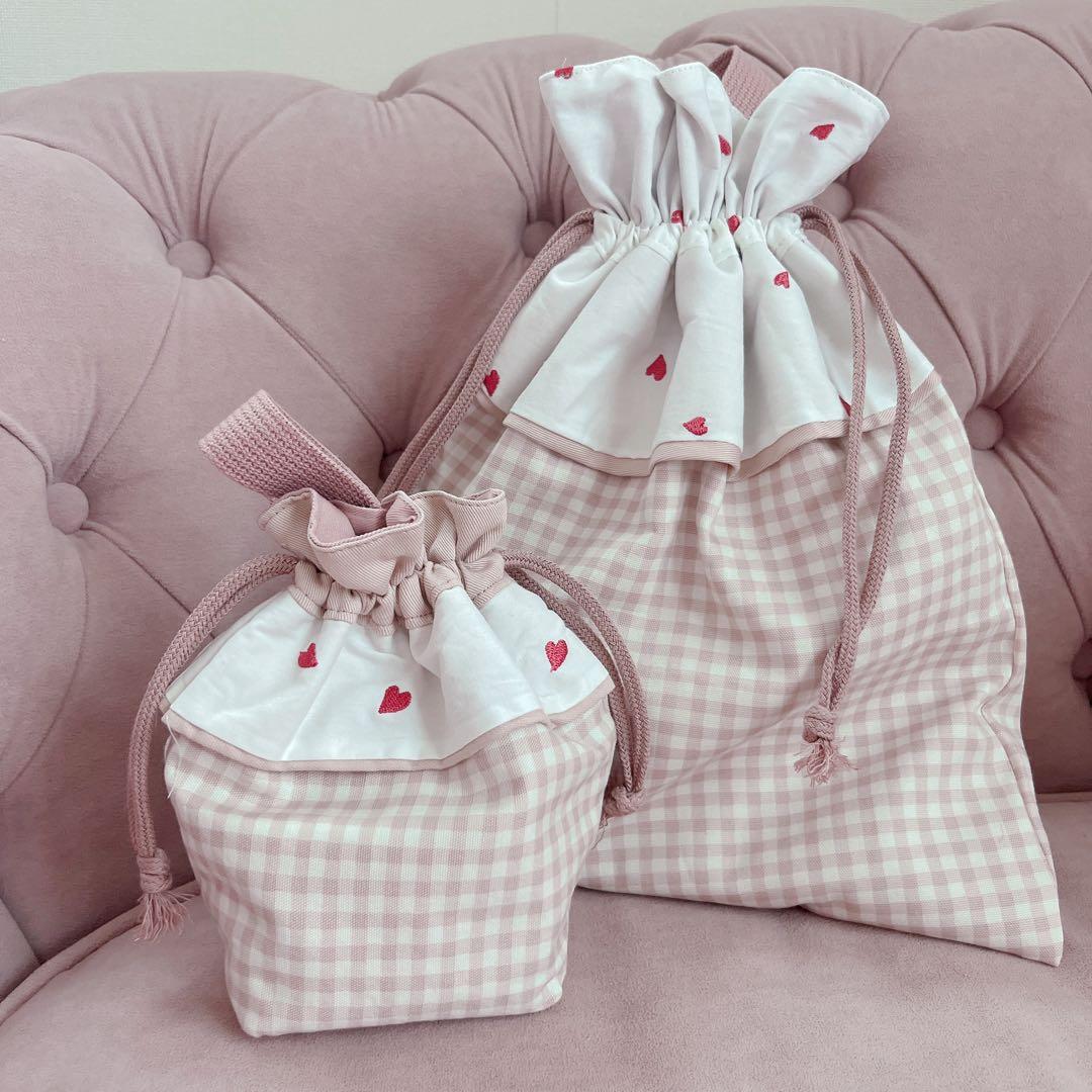 レッスンバック 女の子 入園入学 上履き入れ 体操服入れ ハート柄 チェック